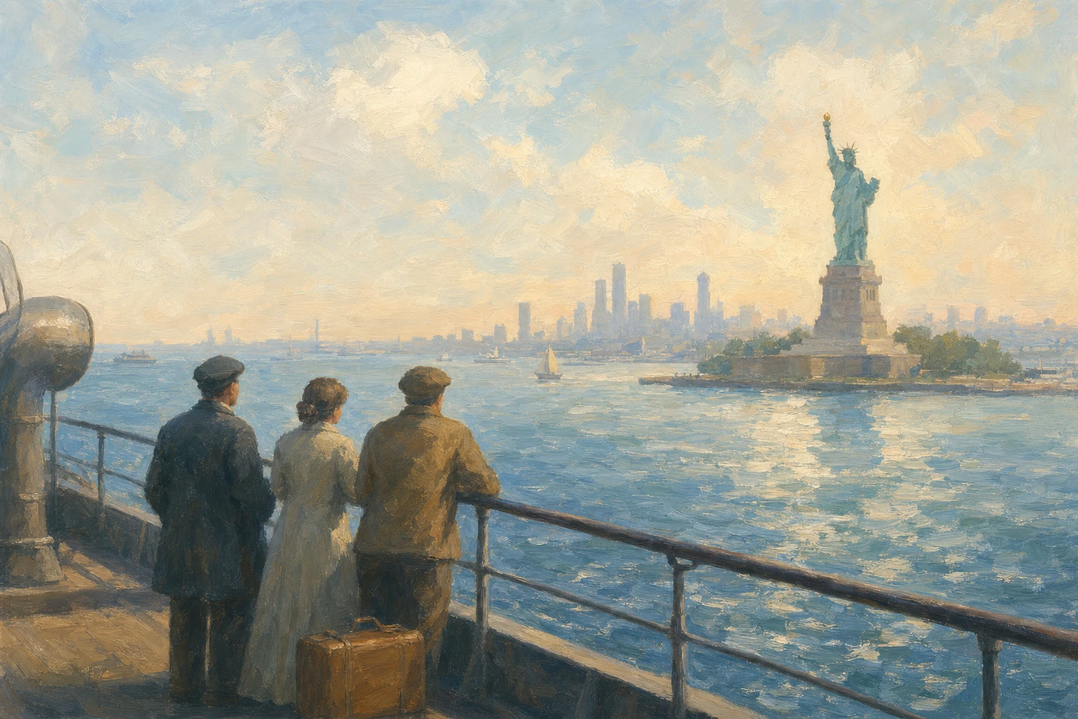 Travelers arriving in New York Harbor by ship
